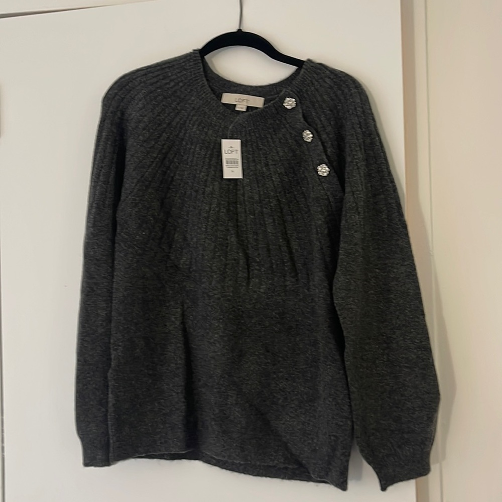 Loft Gray Crew Neck Sweater with Embellishment